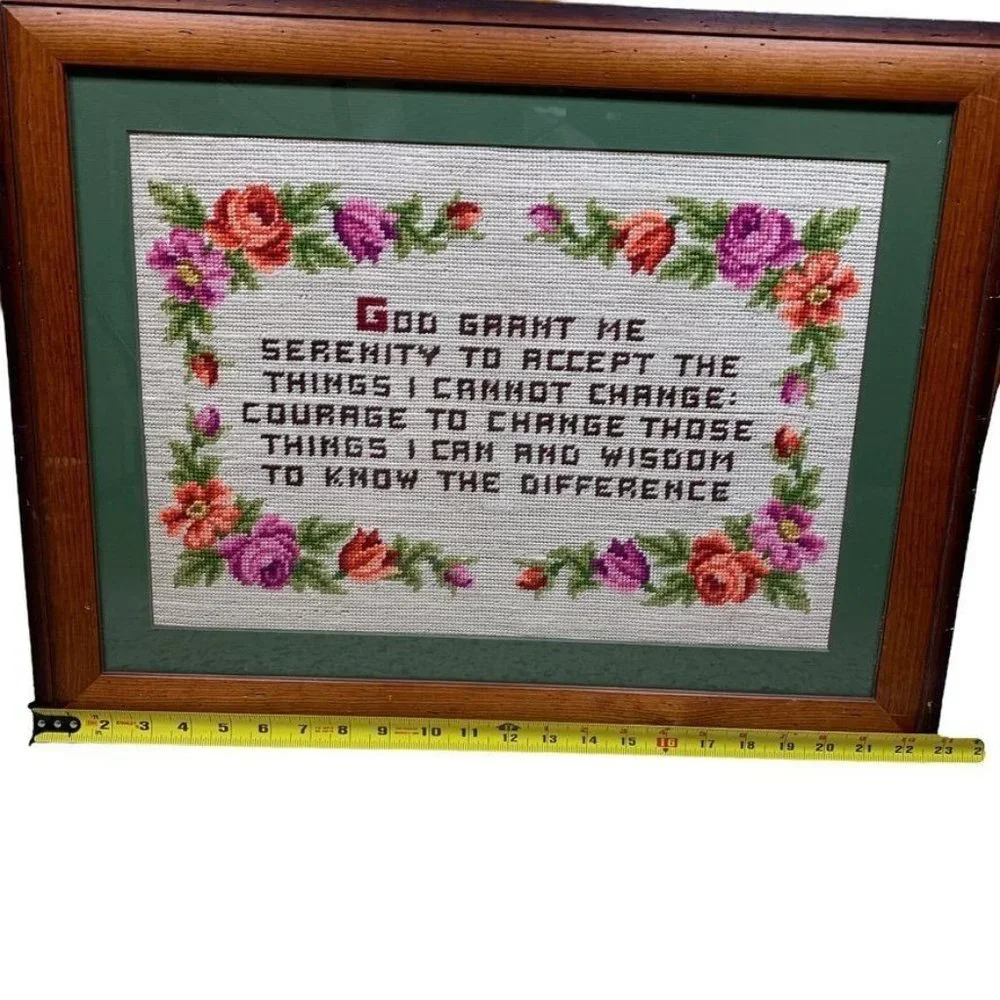 Large Finished Needlepoint Serenity Prayer Floral Framed Wall Hanging Recovery‎